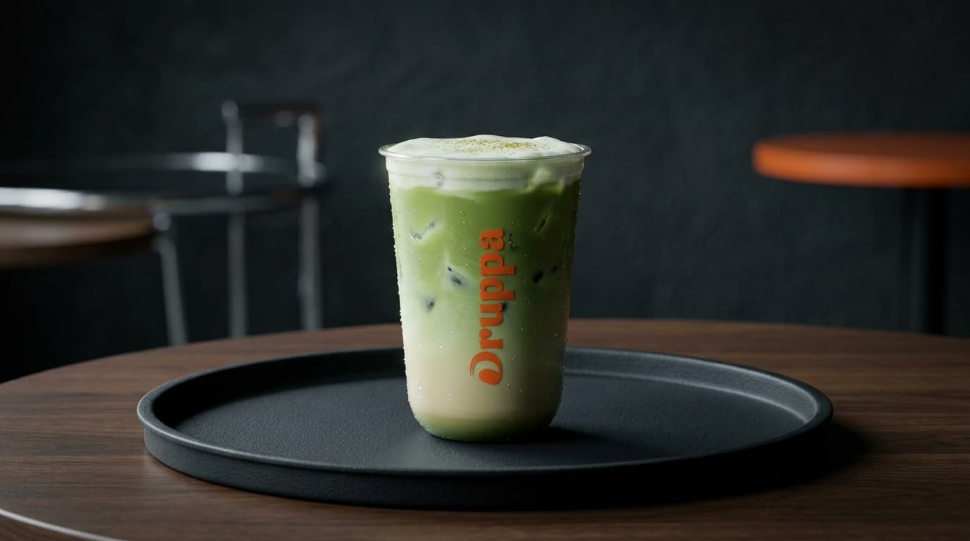 Iced Matcha Druppa sobre una bandeja oscura