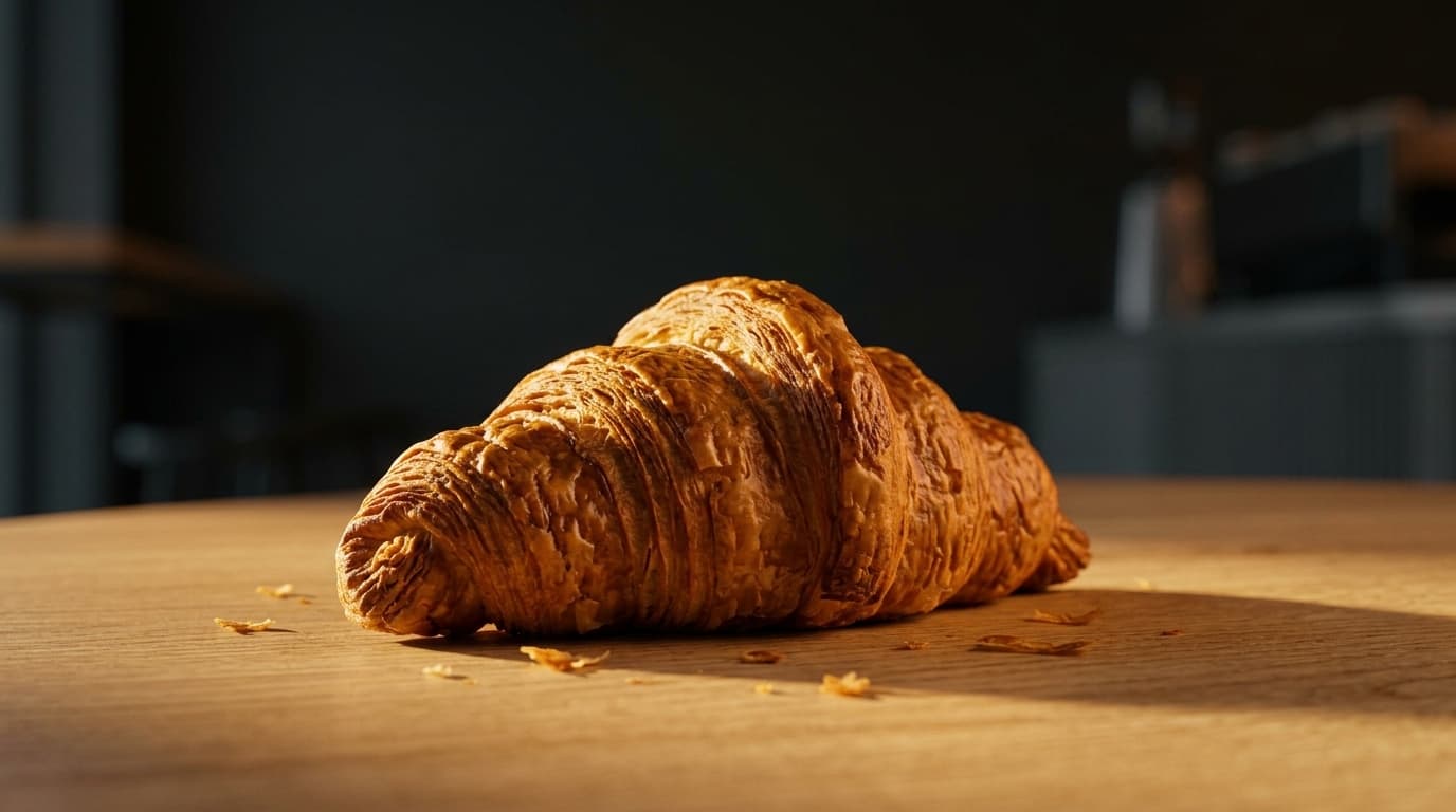 Croissant dorado sobre una mesa de madera